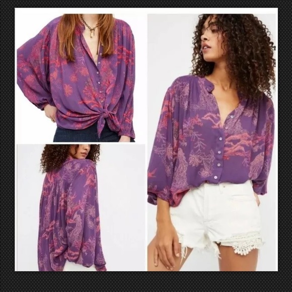 Free People Tops - Free People Metallic Blooms Purple Peacock Small
